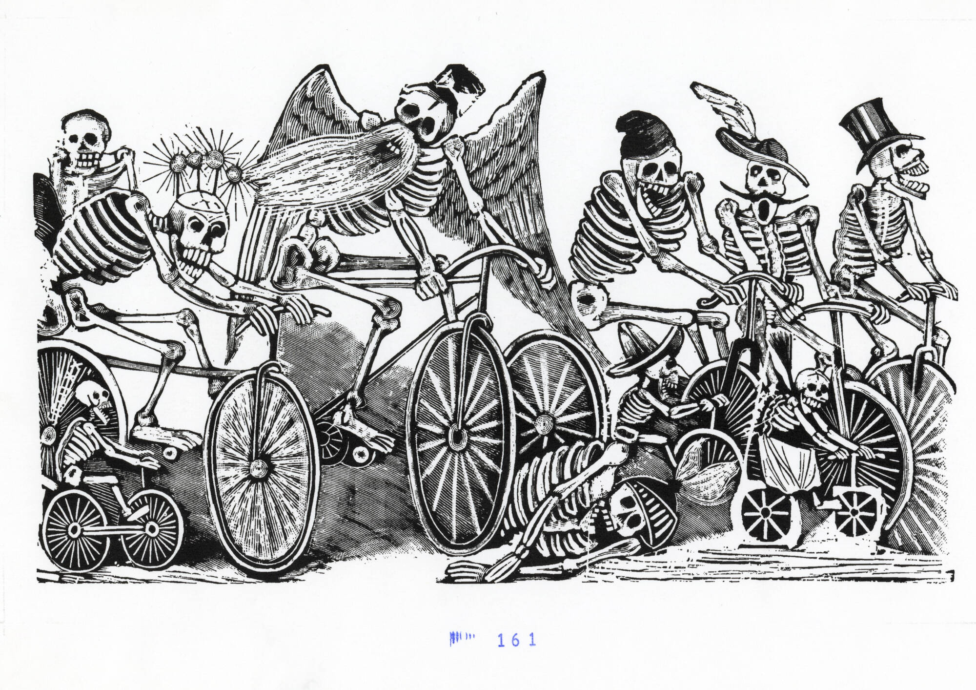 Print of  6 skeletons wearing various styles of hats to represent the different social classes who are all riding bicycles. The center skeleton has wings and a beard.